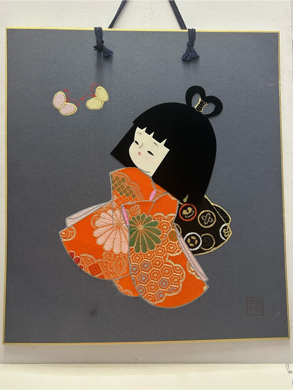 Vintage Japanese Textile Art Kimono Woman Butterflies Fabric Collage Wall Hangin